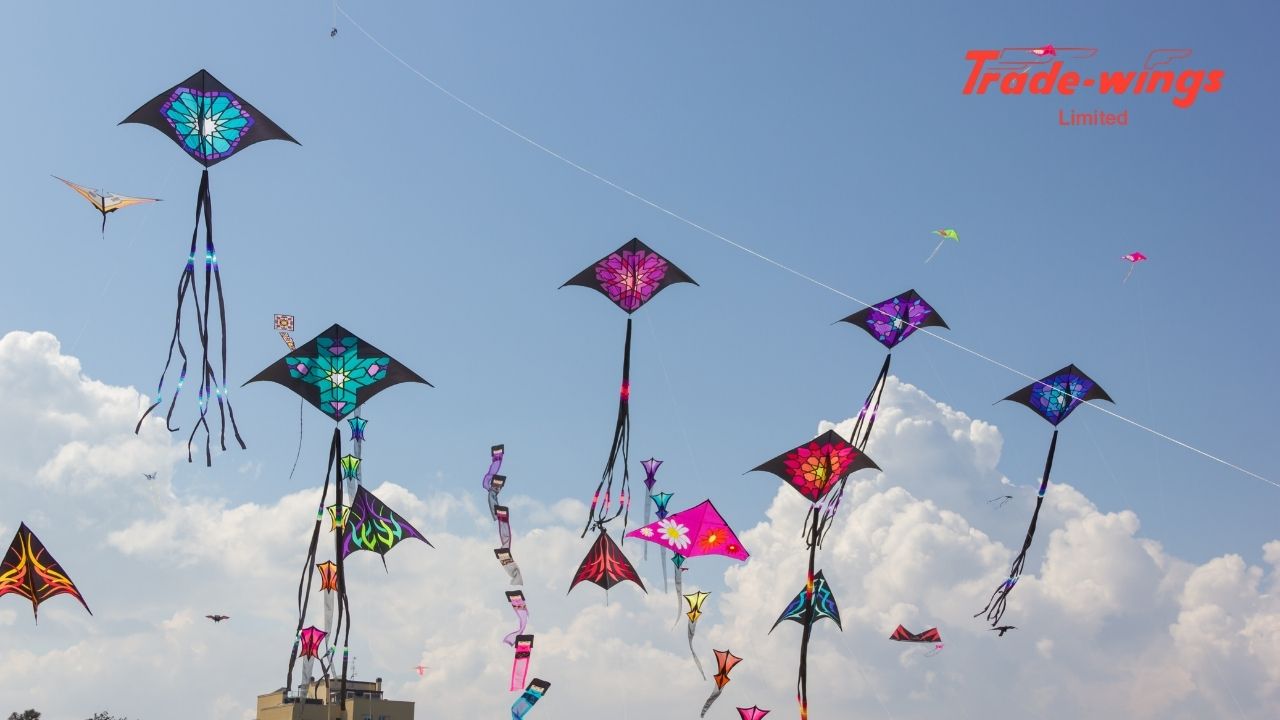 Colorful kites filling the sky above the Sabarmati Riverfront during the International Kite Festival 2026.
