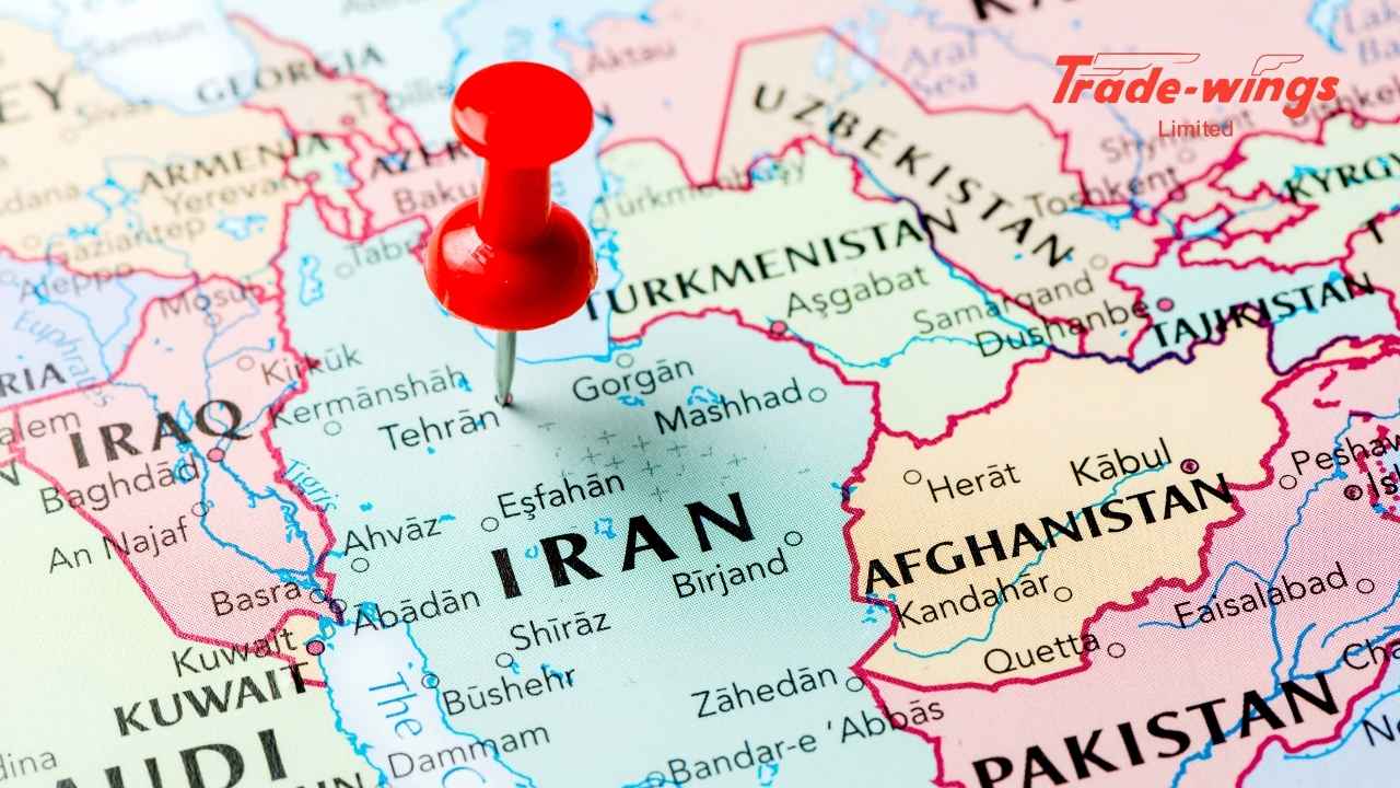 Map of Iran showing national borders and regional location in the Middle East. Trade Wings Limited Travel