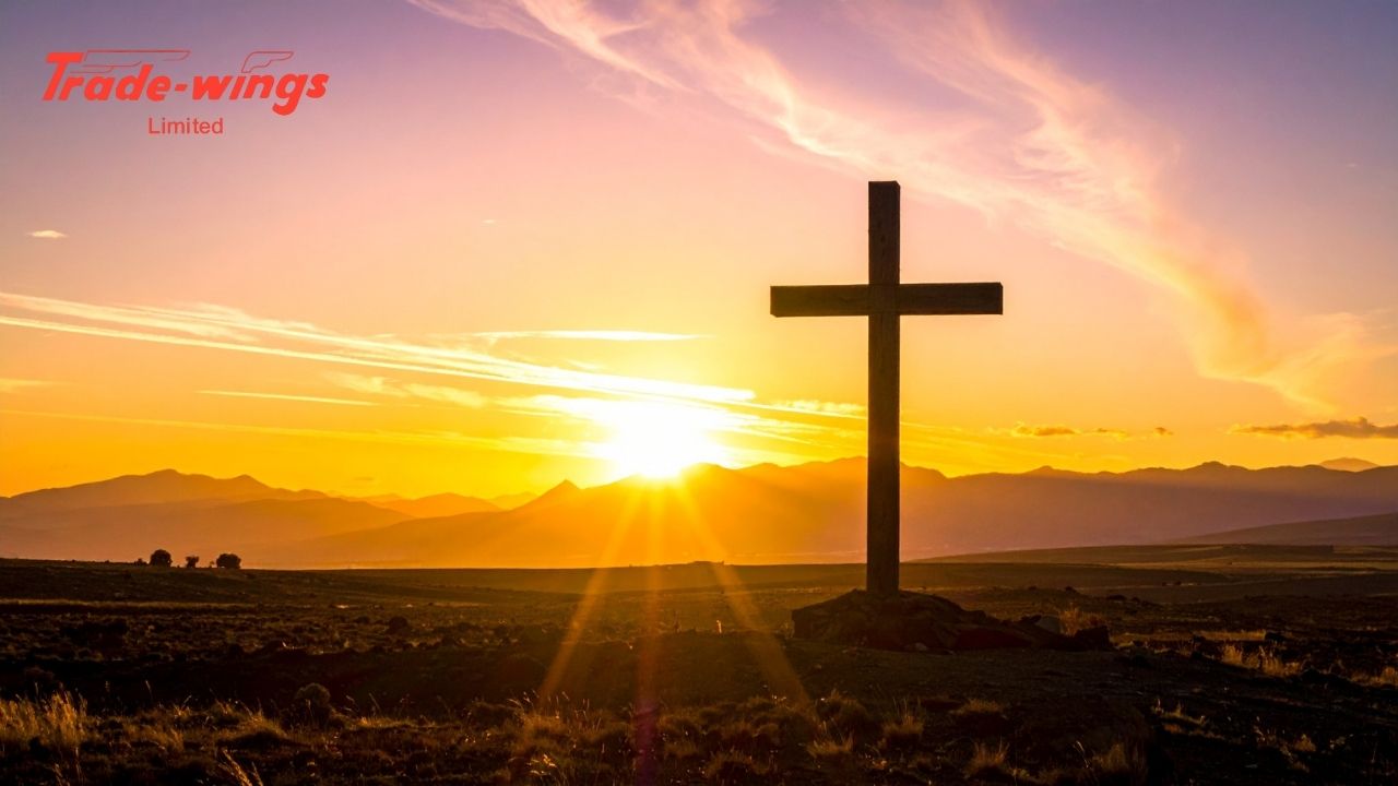 Christian Pilgrimage tour Packages By Trade Wings Limited Golden sunset behind a Christian cross symbolizing faith and peaceful pilgrimage journey - Christian Pilgrimage tour Packages By Trade Wings Limited