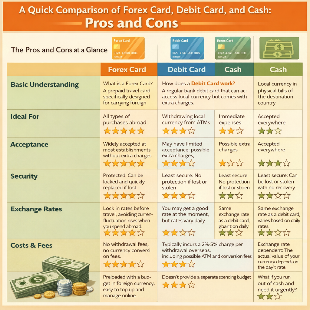 Forex card vs debit card vs cash comparison infographic for international travel spending options