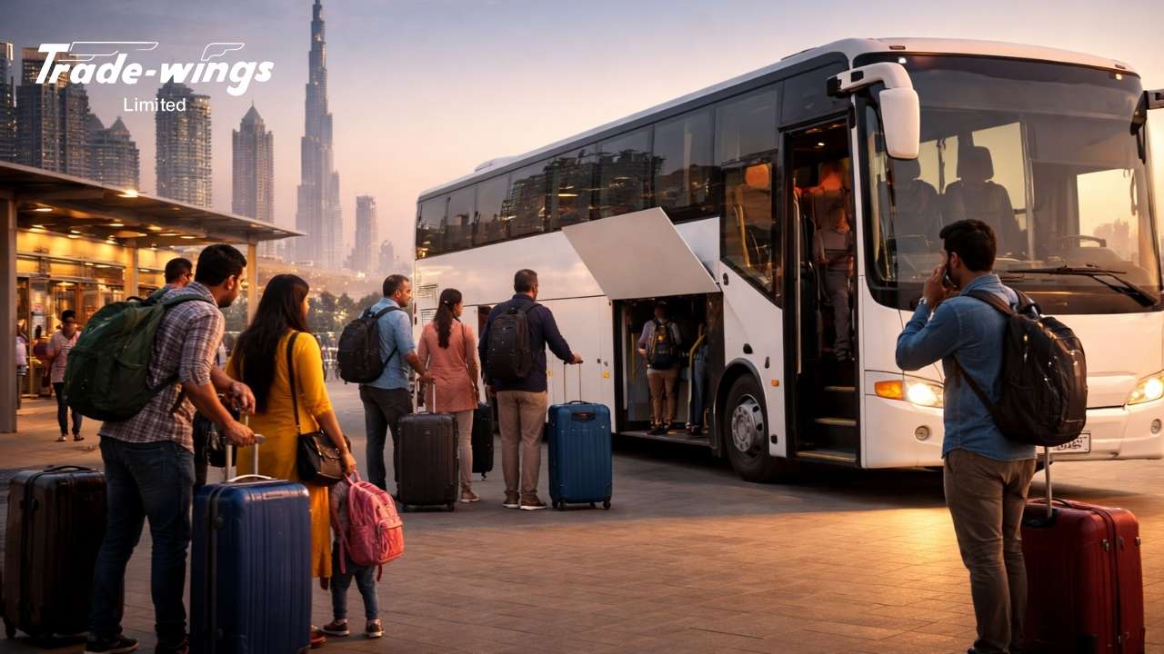 Indian travellers boarding a bus in Dubai heading towards Oman for onward international travel