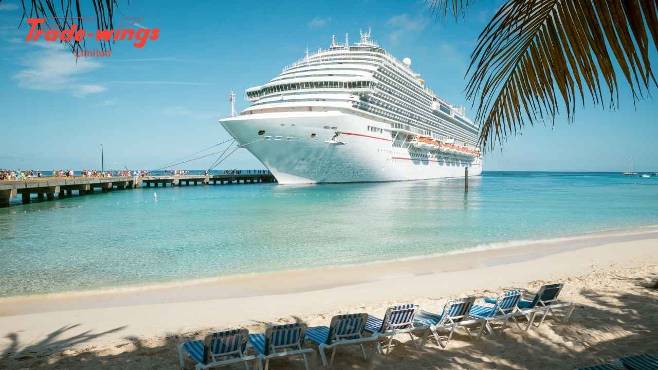 Luxury cruise ship sailing across the Arabian Sea during sunset with premium amenities and ocean views. Luxury Cruise Tour Packages by Trade Wings Limited